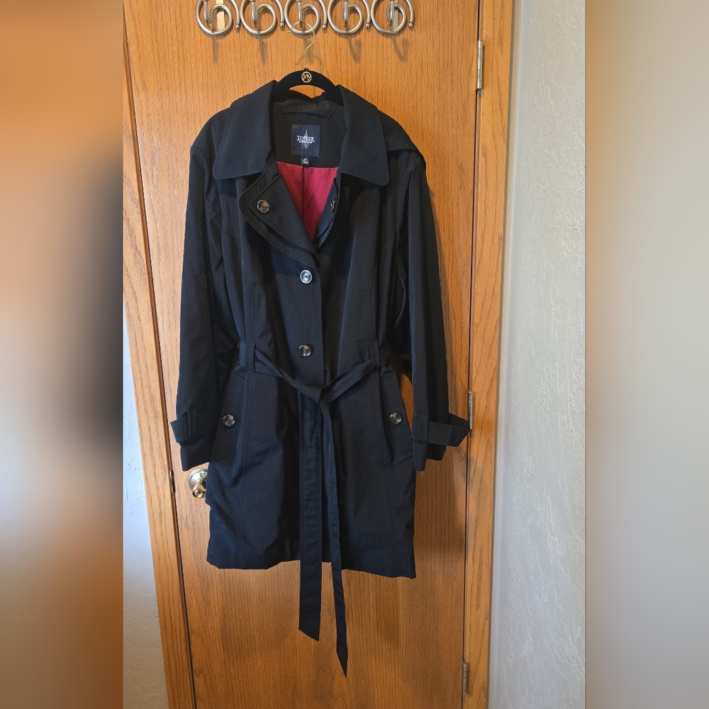 Plus Size 3X Tower By LONDON FOG Black Trench Coat Removeable Hood WORN ONCE